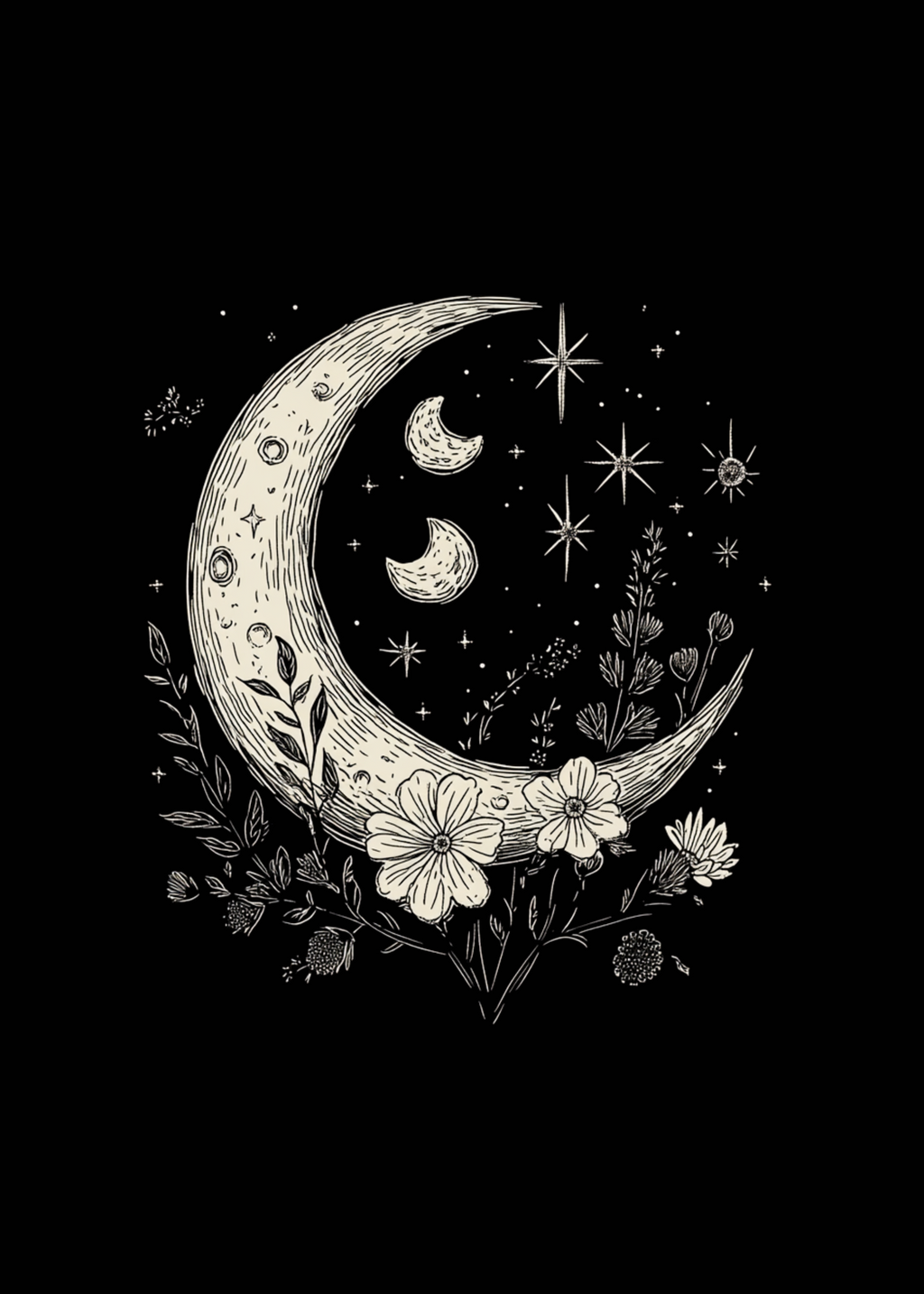 Moons and Stars Boho Flowers Vintage Unisex Bamboo/Cotton Graphic T-Shirt