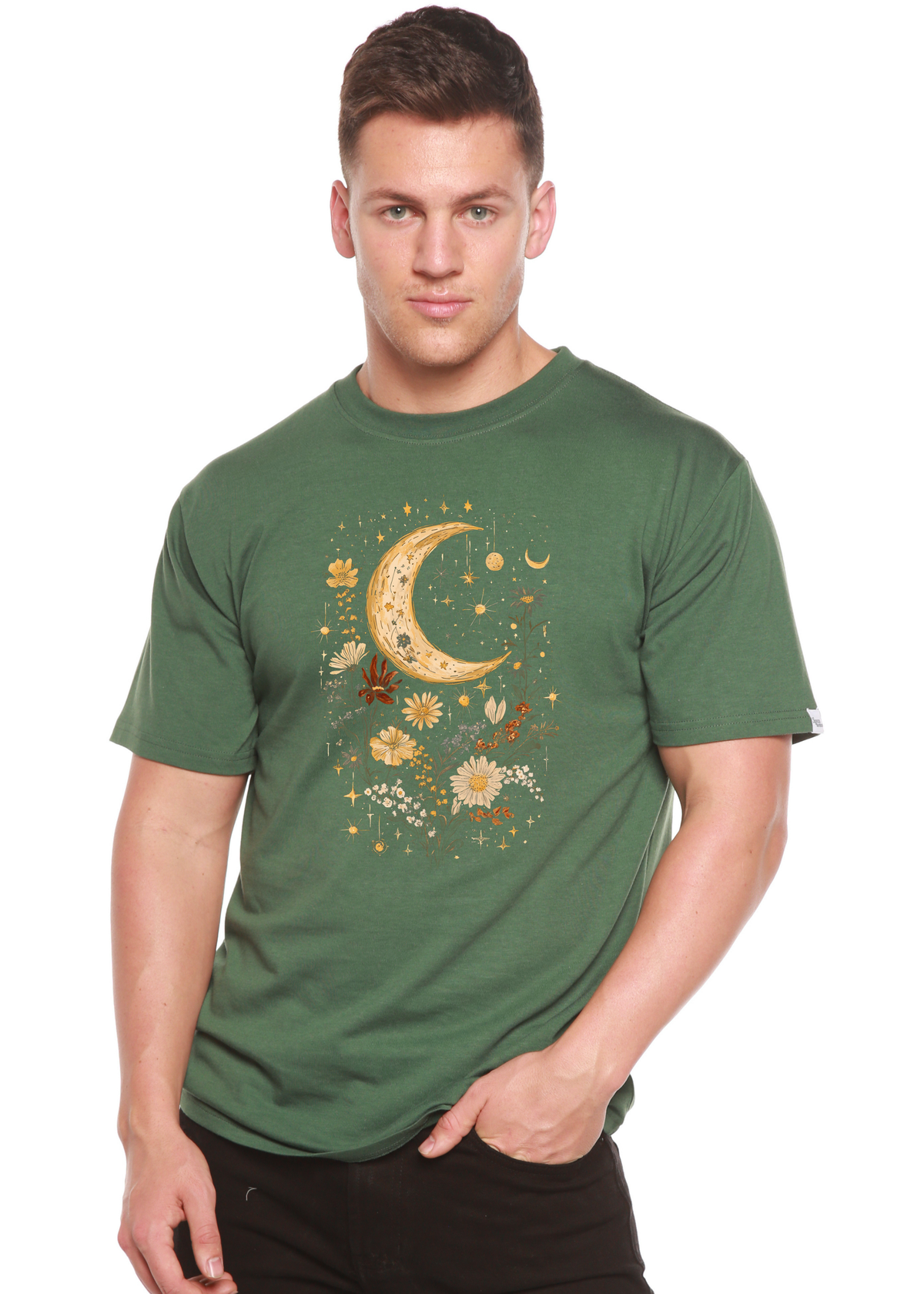 Celestial Moon Boho Flowers Vintage Unisex Bamboo/Cotton Graphic T-Shirt