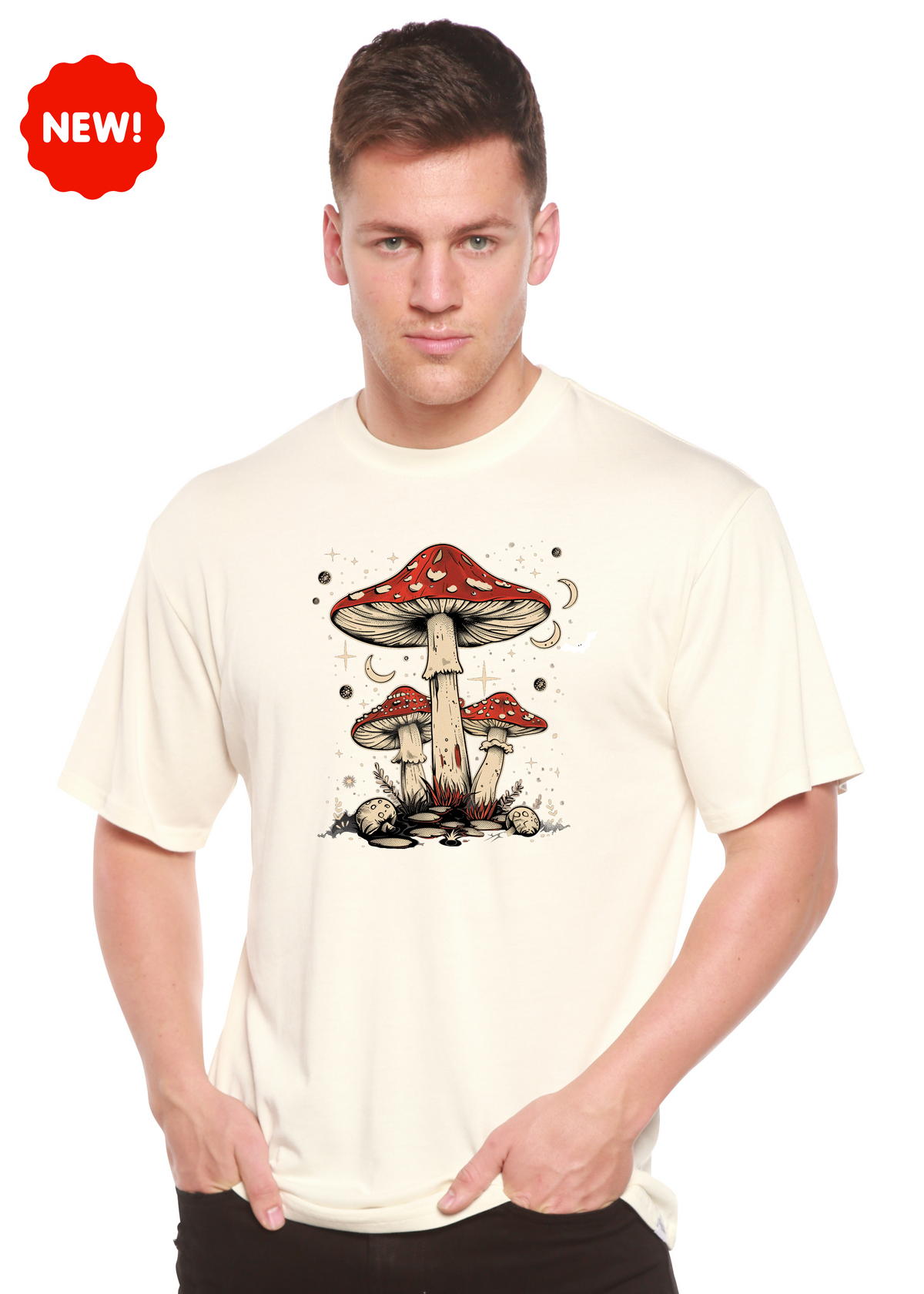 Boho Retro Hippie Mushrooms Natural Unisex Bamboo/Cotton Graphic T-Shirt