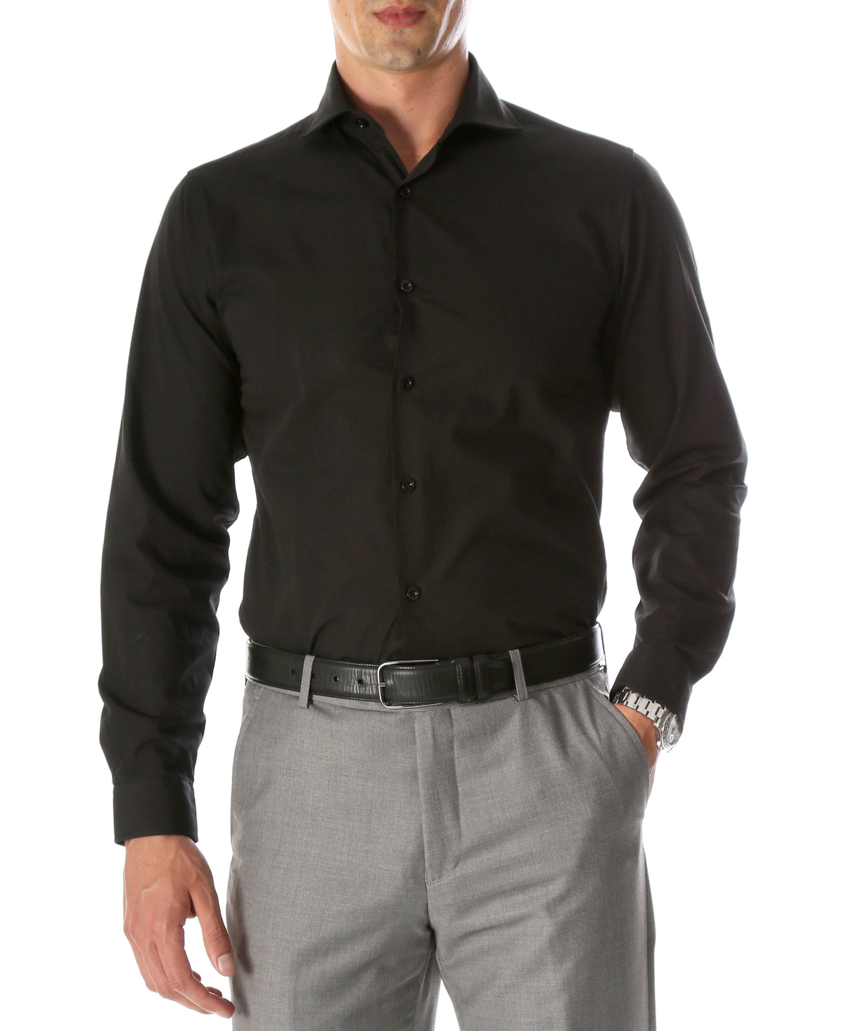 Leo Mens Black Slim Fit Cotton Dress Shirt